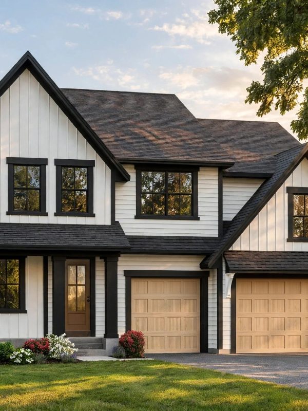Modern two-story house with black and white exterior and attached garage.