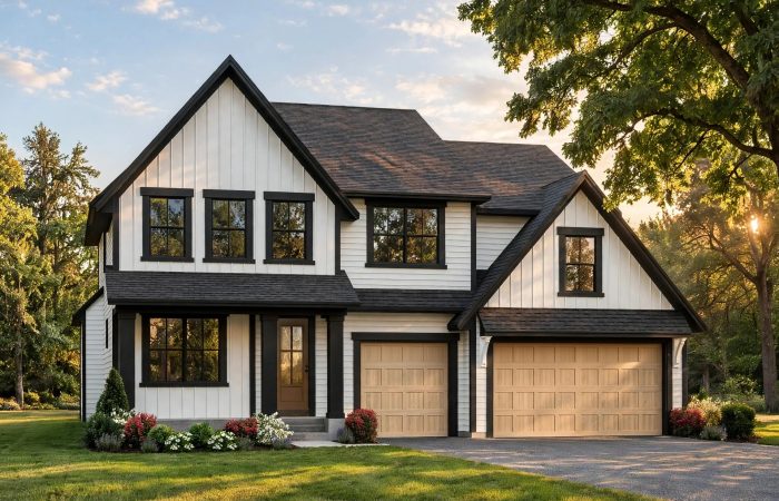 Modern two-story house with black and white exterior and attached garage.