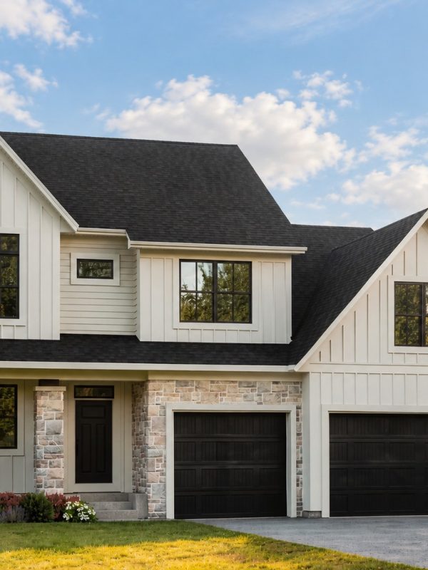 Modern two-story white house with black garage doors and large windows.