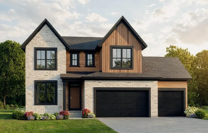 Modern two-story house with brick and wood siding, large windows, and a three-car garage.