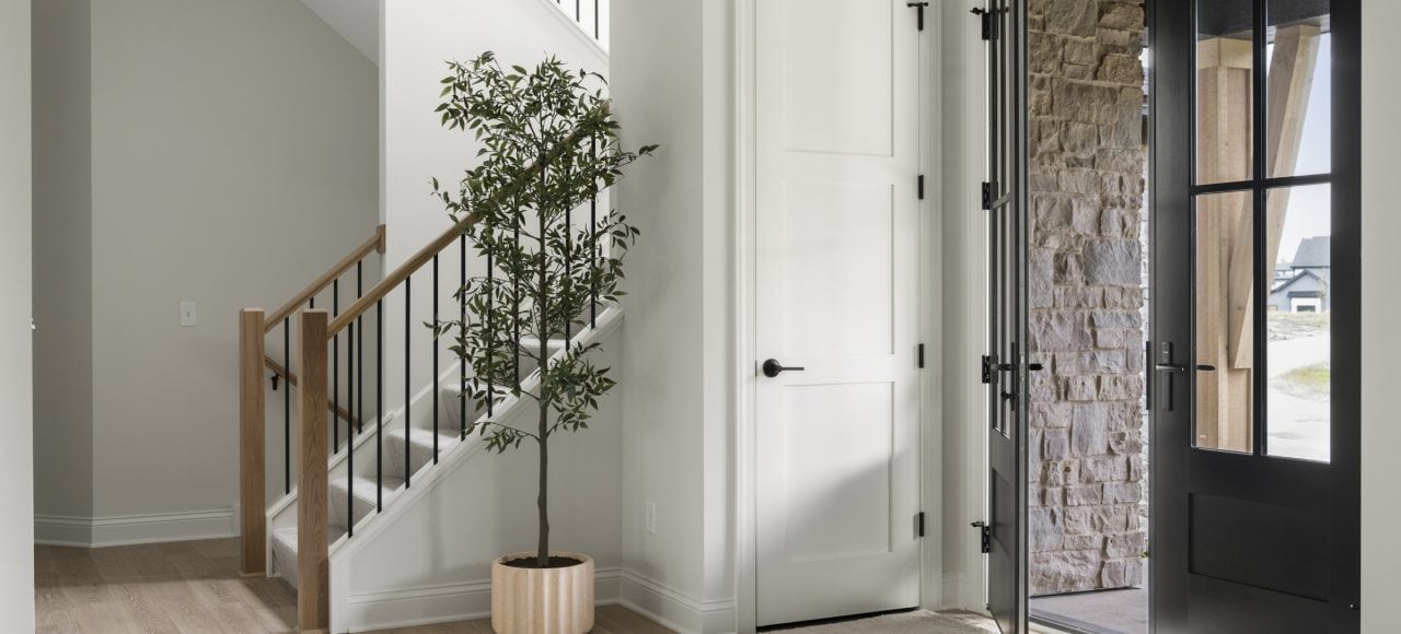 Modern entryway with black door, stone wall, and potted plant in a new home.