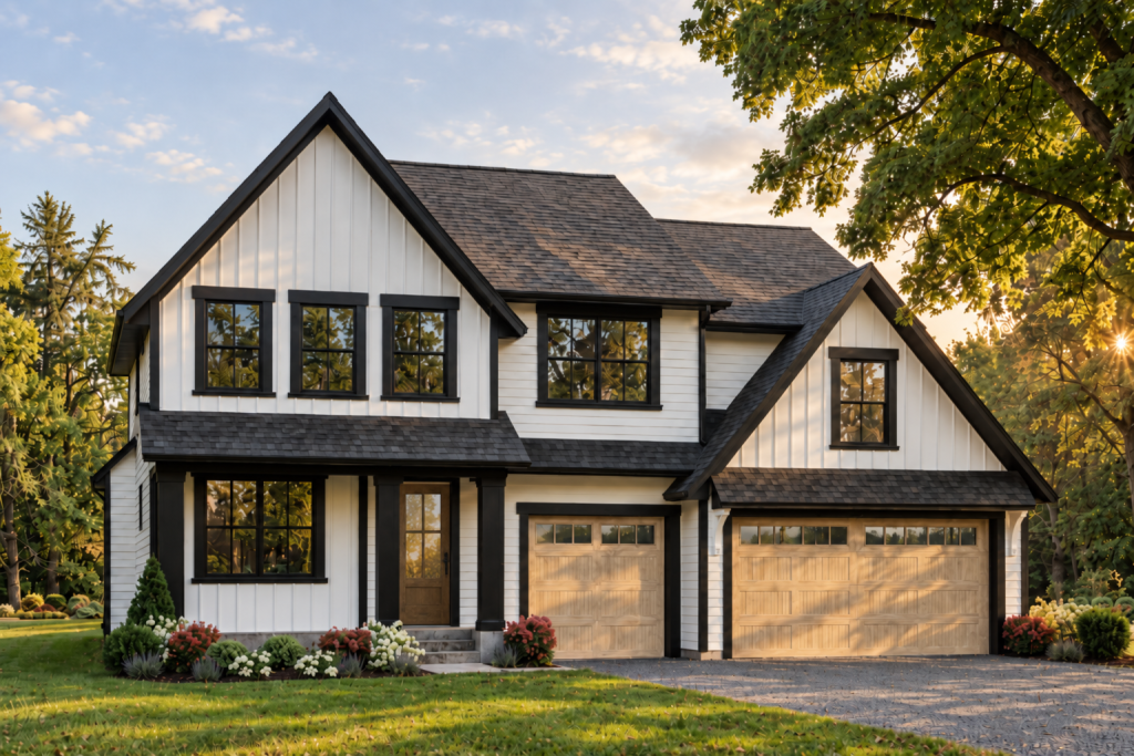 Modern white farmhouse with black trim and two-car garage