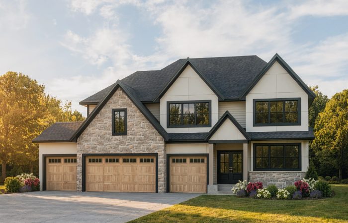 Modern two-story house with three-car garage and landscaped yard.